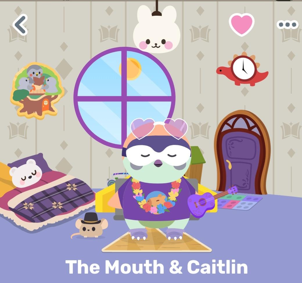 Screen shot of The Mouth & Caitlin (Caitlin's Birb and pet in her Birbhouse). The birb, The Mouth, stands in the center of the room wearing a purple shirt, purple bear (?) slippers complete with claws, a multicolored lei, some kind of maybe sunglasses on her head with heart-shaped frames. She's holding a ukelele, also purple. No pants. Next to her is her mouse, BB, wearing a fedora. In the house behind her there is a mostly purple bed (with a yellow pillow and white bear head pillow), a wall decoration showing that she completed some event, purple framed window, white bunny ceiling light, red dino clock over the purple enchanted door. Her doormat has multicolor lego shapes. The rug under her feet is...dark yellow? Behind her there's maybe a boom box on the floor (no dresser which usually goes there) and something with a green top. It's not visible because The Mouth is in front of it.